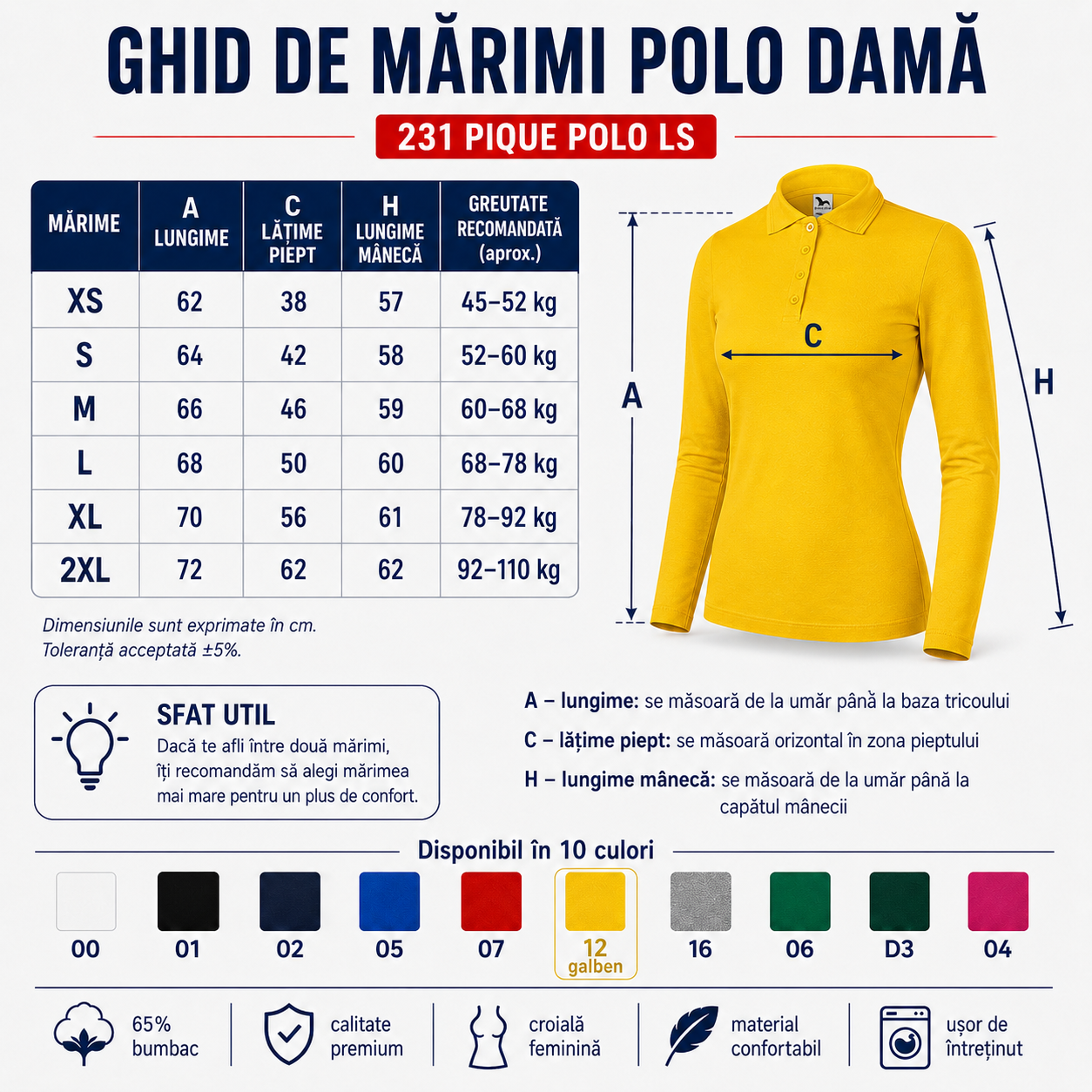 Ghid de mărimi pentru bluză polo damă cu m&acirc;necă lungă, mărimi XS, S, M, L, XL și 2XL